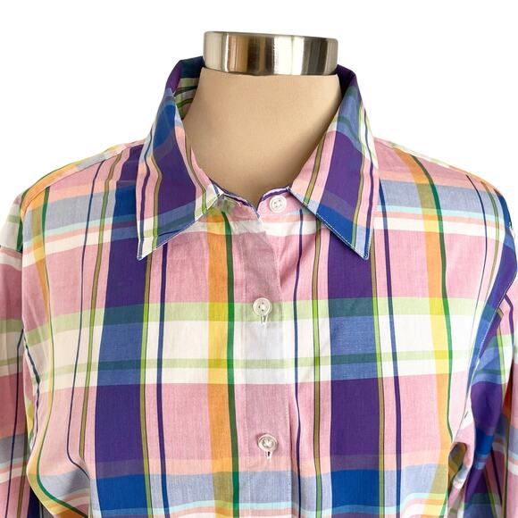 Bechamel Pink Blue Plaid Button Down Shirt Womens LG Cotton Casual Spring Work - Picture 2 of 6